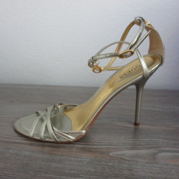 GUESS TINA Silver Reptile Strappy High Heel Sandals 8.5  Gold Charms - Picture 16 of 16